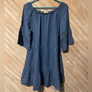 Terzo Millianio blue off shoulder tiered embroidered dress Italian midi casual